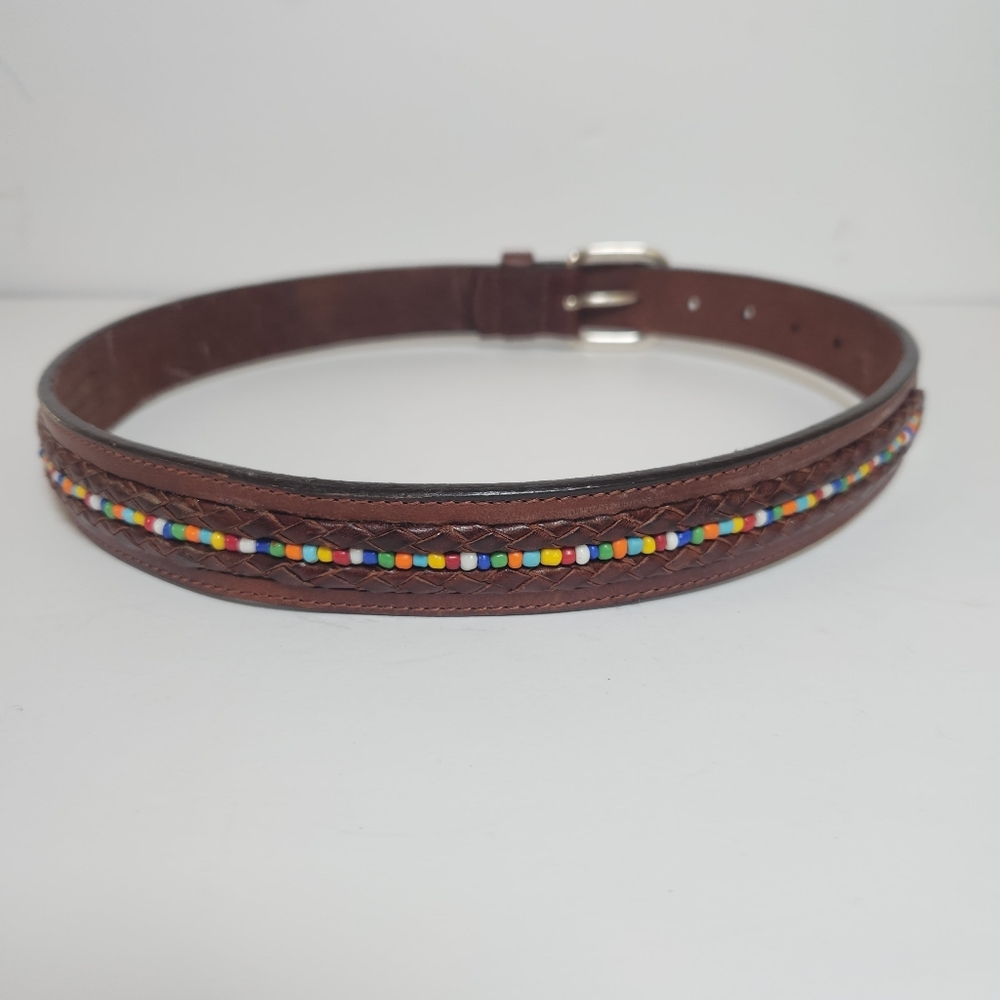 Vintage FOSSIL Beaded Leather Belt Small Brass Buckle | Multicolor Seed Beads